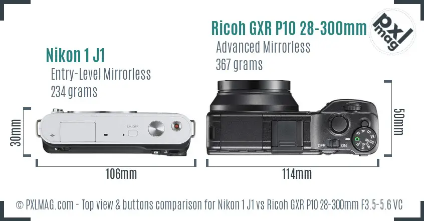 Nikon 1 J1 vs Ricoh GXR P10 28-300mm F3.5-5.6 VC top view buttons comparison