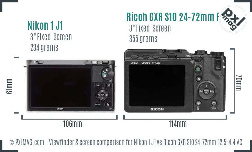 Nikon 1 J1 vs Ricoh GXR S10 24-72mm F2.5-4.4 VC Screen and Viewfinder comparison