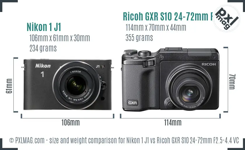 Nikon 1 J1 vs Ricoh GXR S10 24-72mm F2.5-4.4 VC size comparison