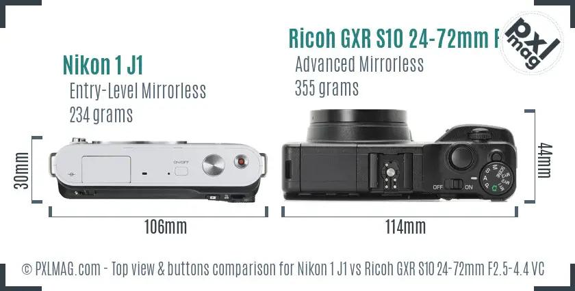 Nikon 1 J1 vs Ricoh GXR S10 24-72mm F2.5-4.4 VC top view buttons comparison