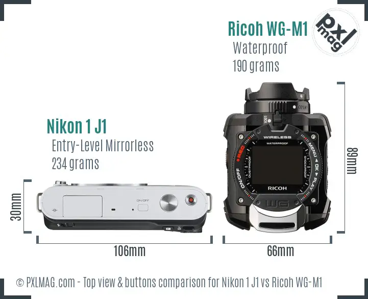 Nikon 1 J1 vs Ricoh WG-M1 top view buttons comparison