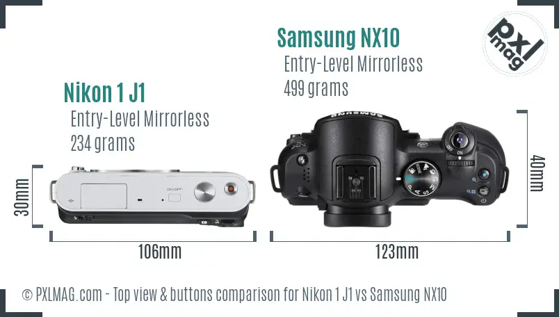 Nikon 1 J1 vs Samsung NX10 top view buttons comparison