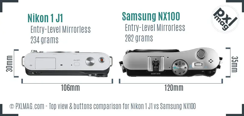 Nikon 1 J1 vs Samsung NX100 top view buttons comparison