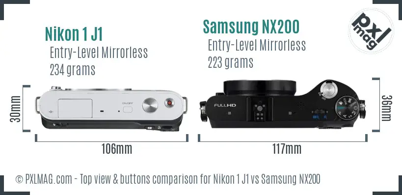 Nikon 1 J1 vs Samsung NX200 top view buttons comparison Nikon 1 J1 vs Samsung NX200 top view buttons comparison