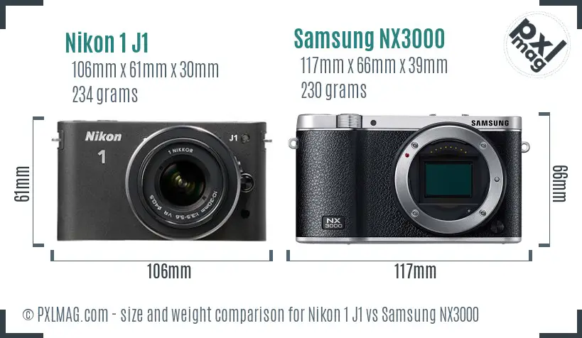 Nikon 1 J1 vs Samsung NX3000 size comparison