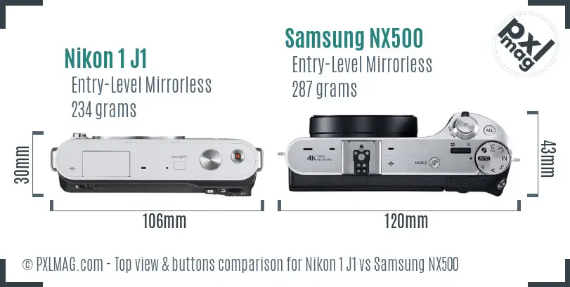 Nikon 1 J1 vs Samsung NX500 top view buttons comparison
