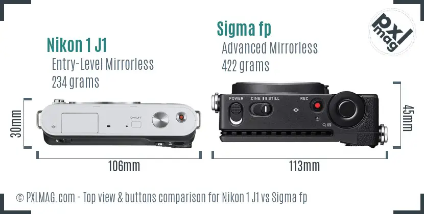 Nikon 1 J1 vs Sigma fp top view buttons comparison Nikon 1 J1 vs Sigma fp top view buttons comparison