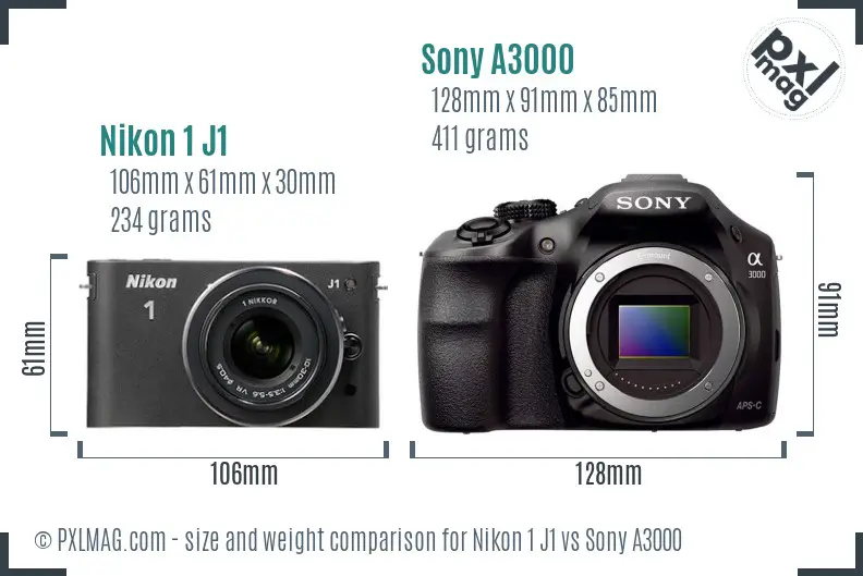 Nikon 1 J1 vs Sony A3000 size comparison