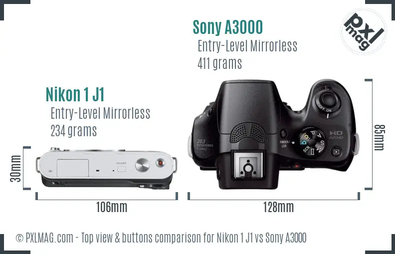 Nikon 1 J1 vs Sony A3000 top view buttons comparison