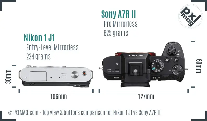 Nikon 1 J1 vs Sony A7R II top view buttons comparison