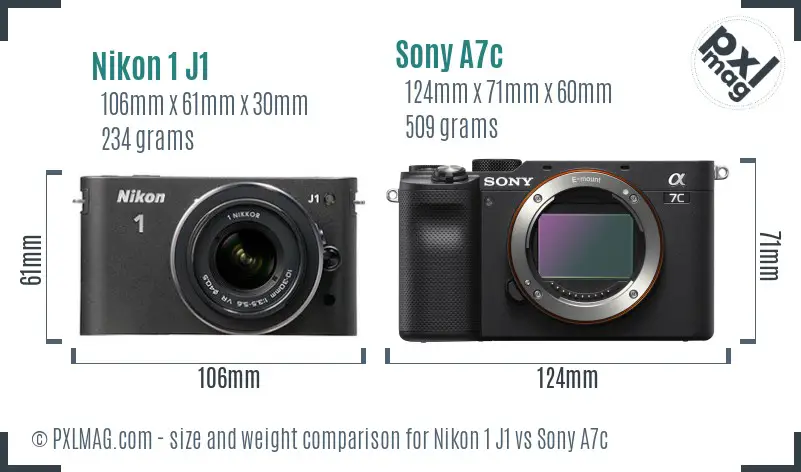 Nikon 1 J1 vs Sony A7c size comparison