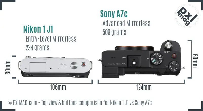 Nikon 1 J1 vs Sony A7c top view buttons comparison