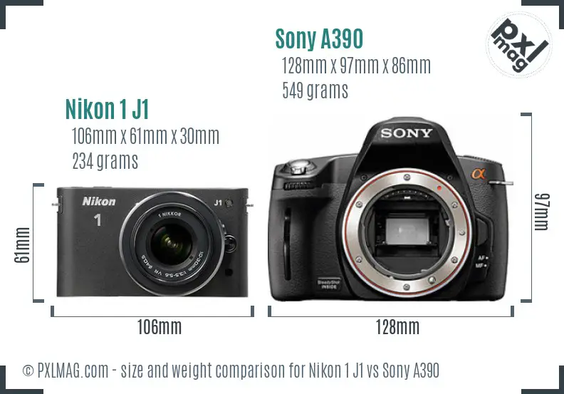Nikon 1 J1 vs Sony A390 size comparison
