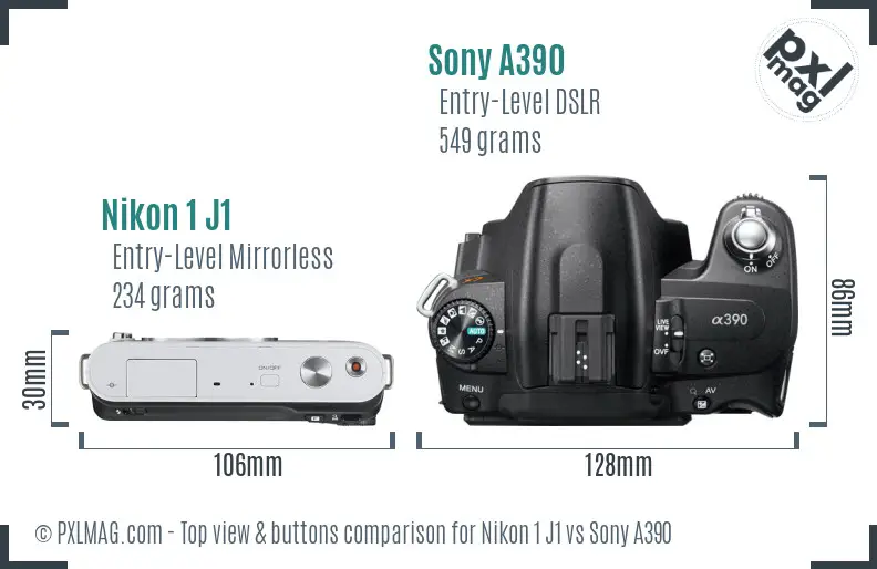 Nikon 1 J1 vs Sony A390 top view buttons comparison