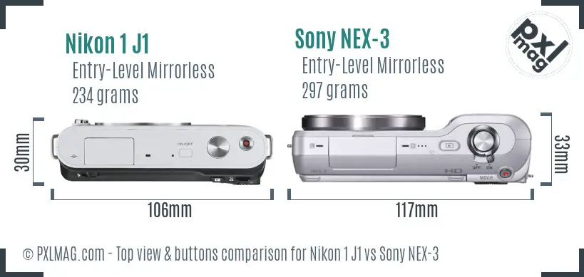 Nikon 1 J1 vs Sony NEX-3 top view buttons comparison