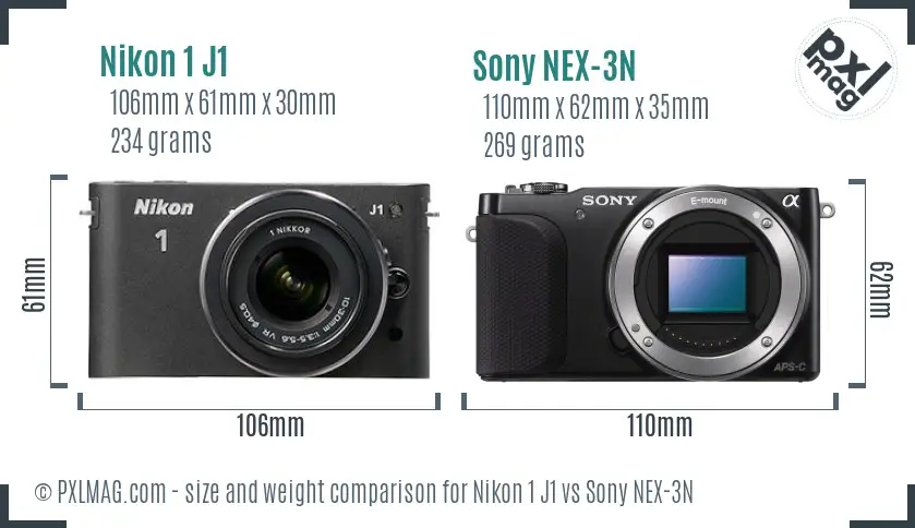 Nikon 1 J1 vs Sony NEX-3N size comparison