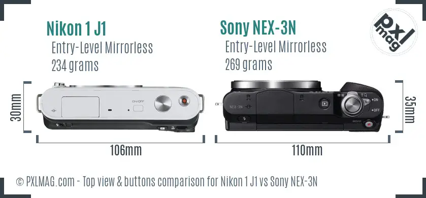 Nikon 1 J1 vs Sony NEX-3N top view buttons comparison