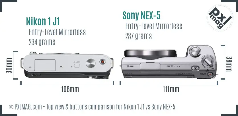 Nikon 1 J1 vs Sony NEX-5 top view buttons comparison