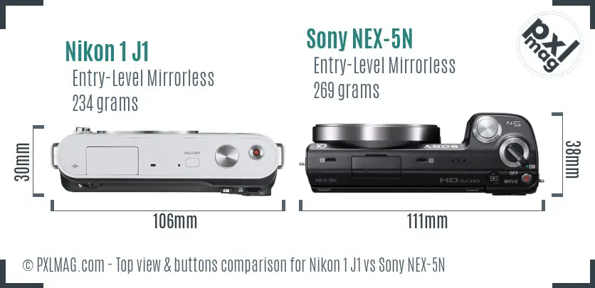 Nikon 1 J1 vs Sony NEX-5N top view buttons comparison