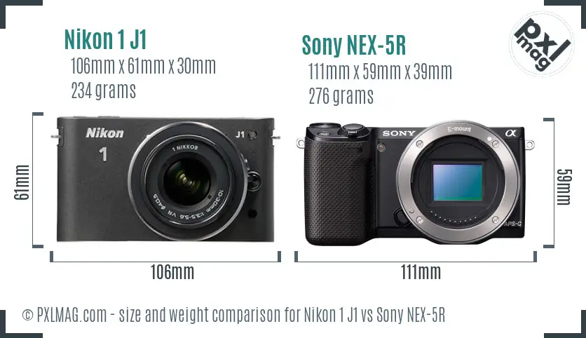 Nikon 1 J1 vs Sony NEX-5R size comparison
