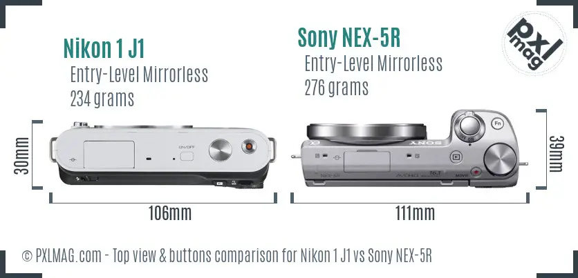 Nikon 1 J1 vs Sony NEX-5R top view buttons comparison