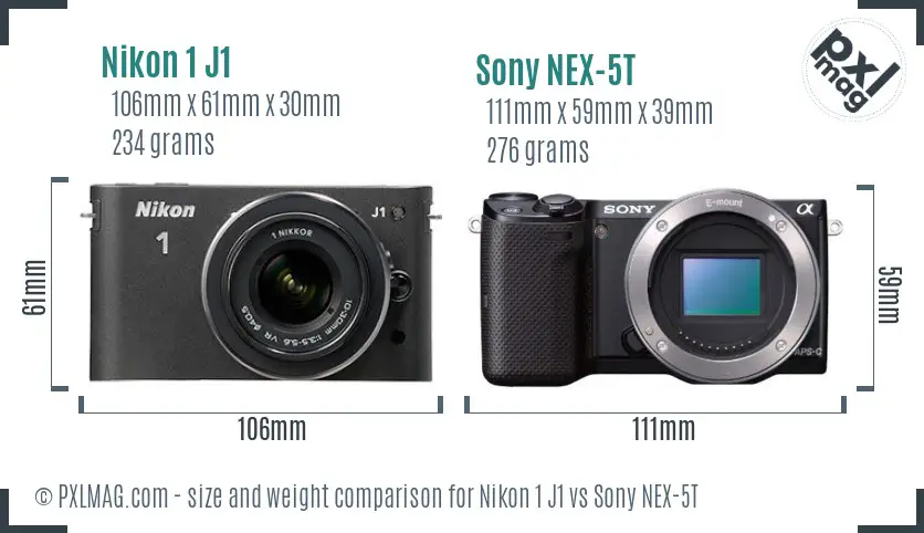 Nikon 1 J1 vs Sony NEX-5T size comparison