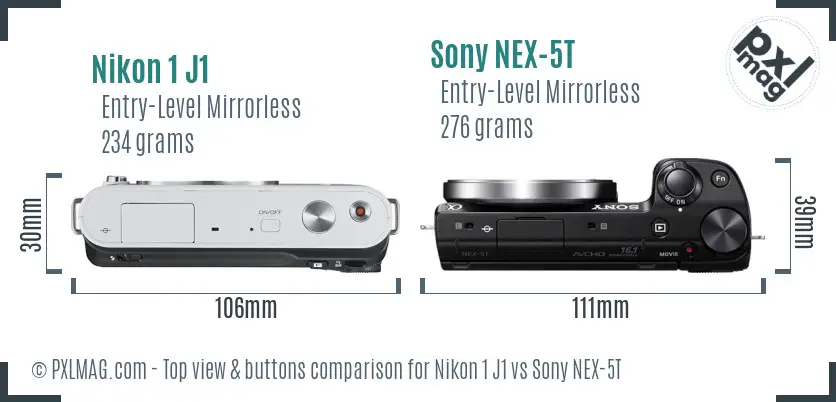 Nikon 1 J1 vs Sony NEX-5T top view buttons comparison