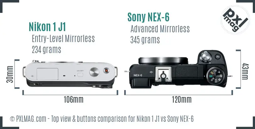 Nikon 1 J1 vs Sony NEX-6 top view buttons comparison