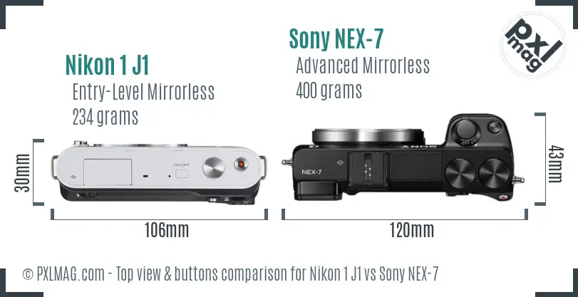 Nikon 1 J1 vs Sony NEX-7 top view buttons comparison Nikon 1 J1 vs Sony NEX-7 top view buttons comparison
