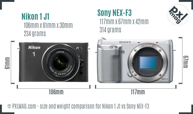 Nikon 1 J1 vs Sony NEX-F3 size comparison