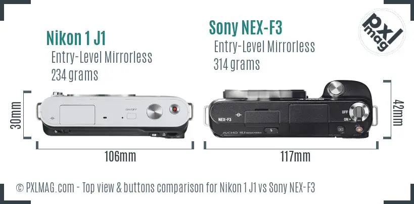 Nikon 1 J1 vs Sony NEX-F3 top view buttons comparison