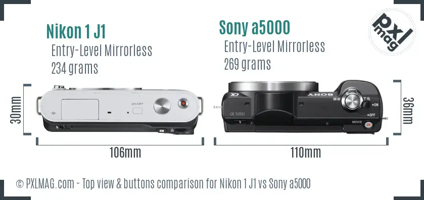 Nikon 1 J1 vs Sony a5000 top view buttons comparison