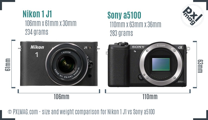 Nikon 1 J1 vs Sony a5100 size comparison