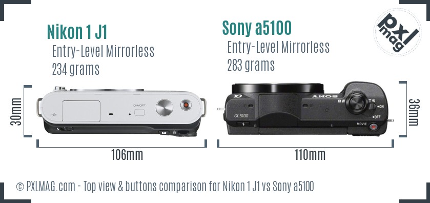 Nikon 1 J1 vs Sony a5100 top view buttons comparison