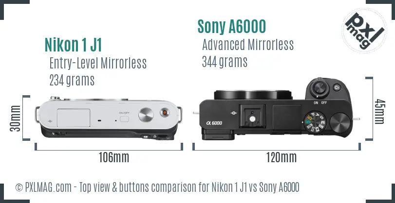 Nikon 1 J1 vs Sony A6000 top view buttons comparison