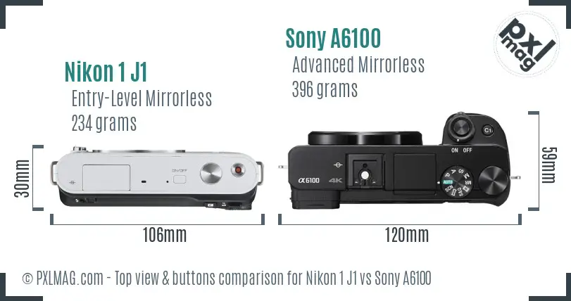 Nikon 1 J1 vs Sony A6100 top view buttons comparison