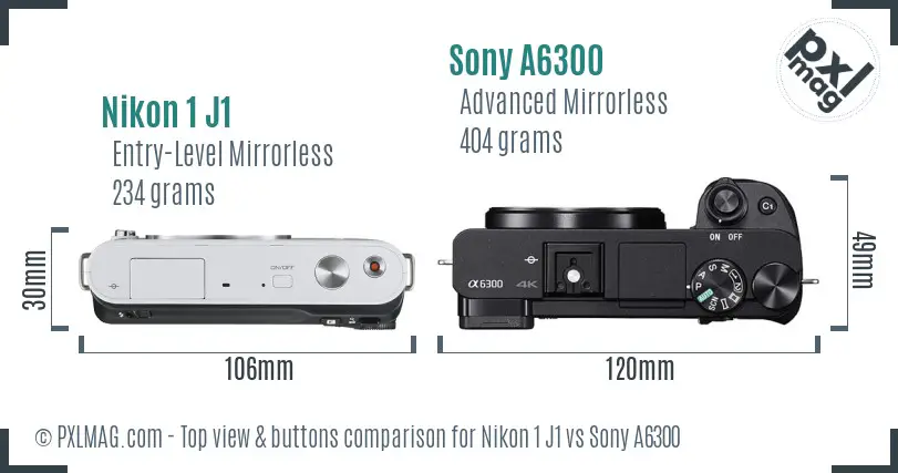 Nikon 1 J1 vs Sony A6300 top view buttons comparison