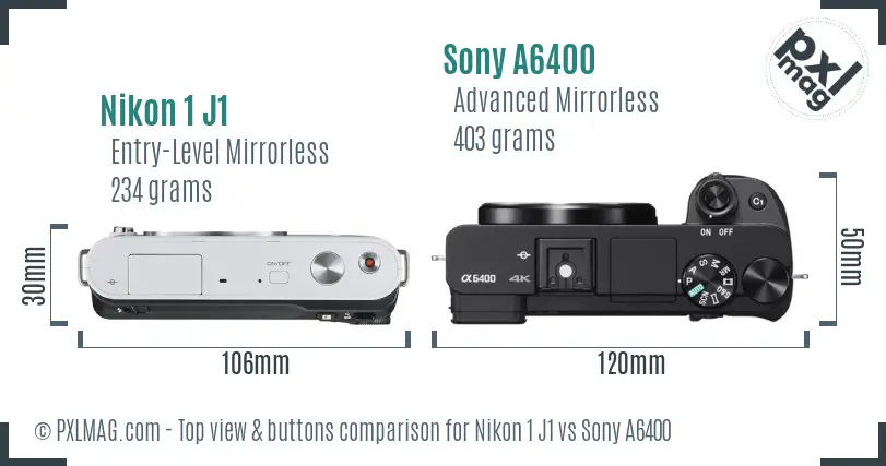 Nikon 1 J1 vs Sony A6400 top view buttons comparison