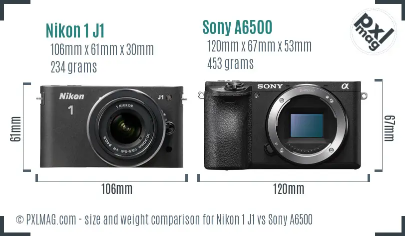 Nikon 1 J1 vs Sony A6500 size comparison