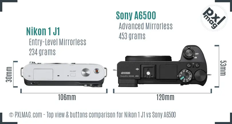 Nikon 1 J1 vs Sony A6500 top view buttons comparison