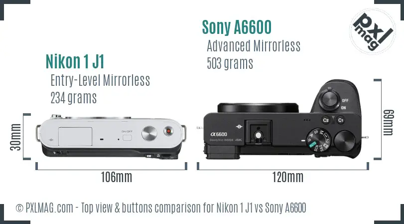 Nikon 1 J1 vs Sony A6600 top view buttons comparison Nikon 1 J1 vs Sony A6600 top view buttons comparison