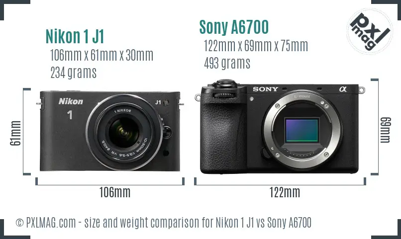 Nikon 1 J1 vs Sony A6700 size comparison