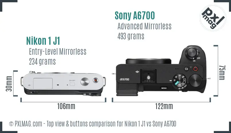 Nikon 1 J1 vs Sony A6700 top view buttons comparison