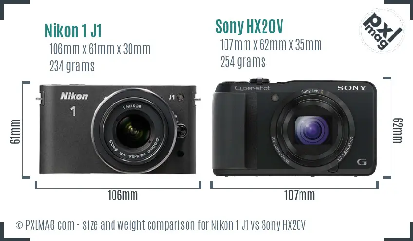 Nikon 1 J1 vs Sony HX20V size comparison