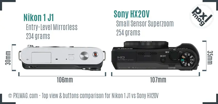 Nikon 1 J1 vs Sony HX20V top view buttons comparison