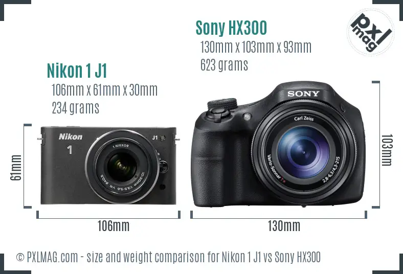 Nikon 1 J1 vs Sony HX300 size comparison