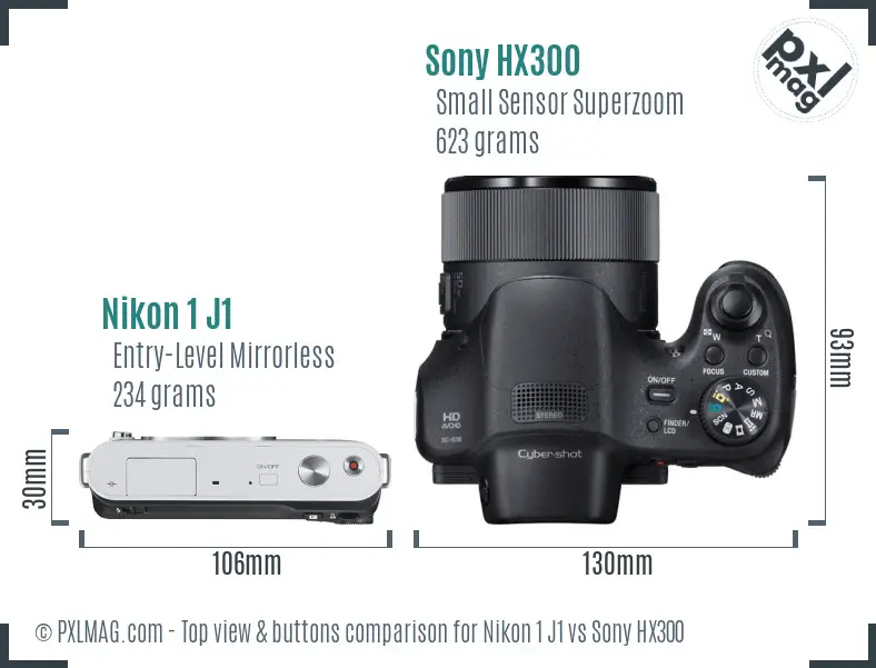 Nikon 1 J1 vs Sony HX300 top view buttons comparison