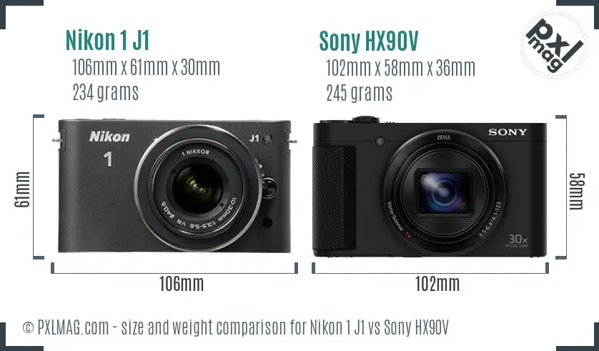 Nikon 1 J1 vs Sony HX90V size comparison