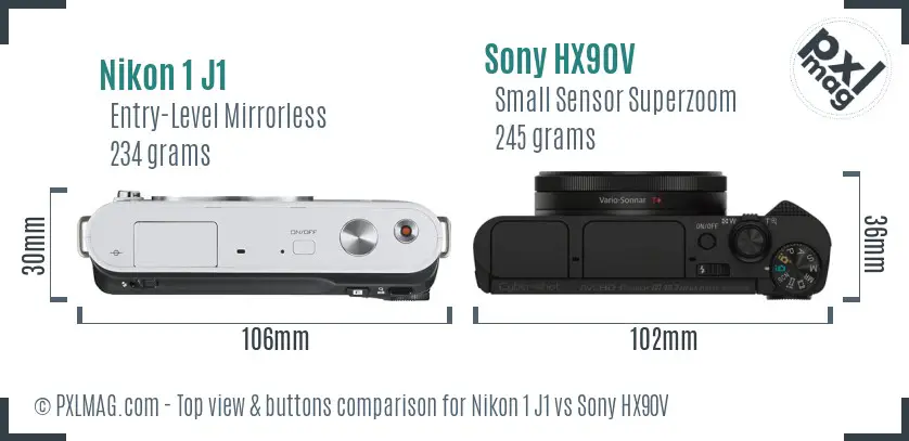 Nikon 1 J1 vs Sony HX90V top view buttons comparison