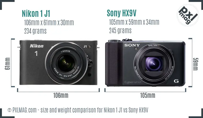 Nikon 1 J1 vs Sony HX9V size comparison